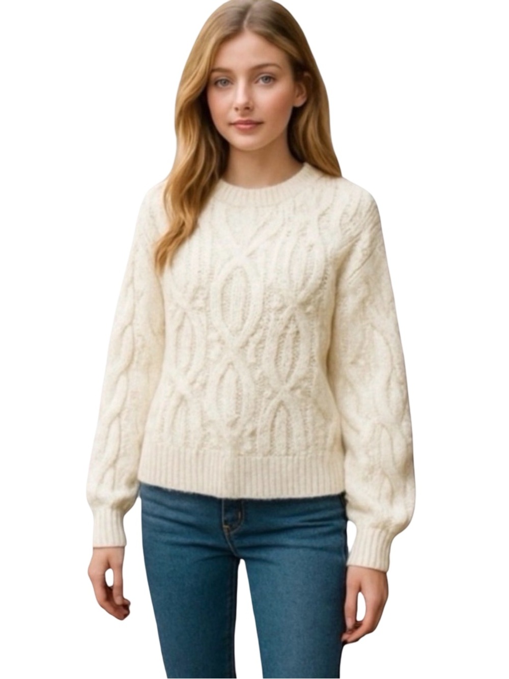 Boundary & Co. Crewneck Cable Knit Sweater. White. Medium - Picture 2 of 11